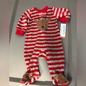 Carter's Red and Gray Striped Footed One Piece with Reindeer